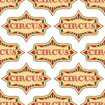 Seamless pattern with CIRCUS theme. Clowns, strongmen, lions, magic hat, ha.. Stock Illustration