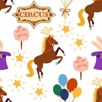Seamless pattern with CIRCUS theme. Clowns, strongmen, lions, magic hat, hare Stock Illustration
