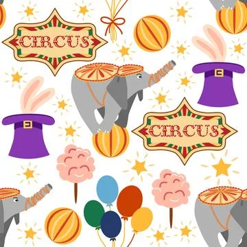 Seamless pattern with CIRCUS theme. Clowns, strongmen, lions, magic hat, hare Stockillustratie