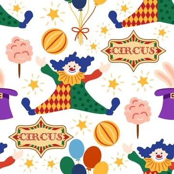 Seamless pattern with CIRCUS theme. Clowns, strongmen, lions, magic hat, hare Illustrazione stock