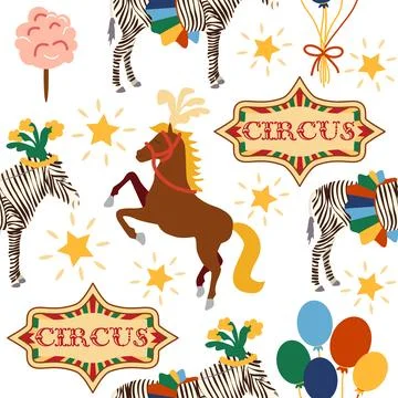 Seamless pattern with CIRCUS theme. Clowns, strongmen, lions, magic hat, hare Stock Illustration