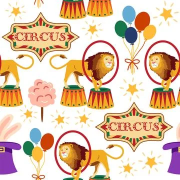 Seamless pattern with CIRCUS theme. Clowns, strongmen, lions, magic hat, hare Stock Illustration