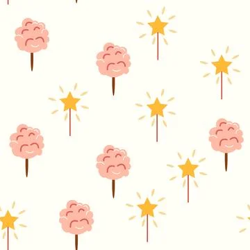 A seamless pattern with a CIRCUS theme. Festive balloons, cotton candy, balls Stock Illustration