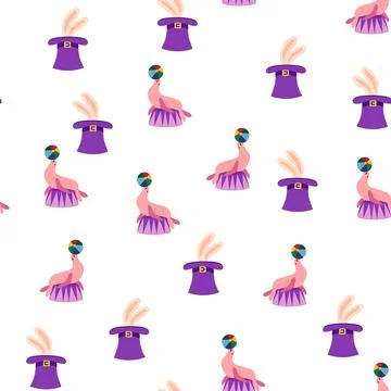 Seamless pattern with CIRCUS theme. lions, magic hat, hare in hat, holiday ba Illustrazione stock