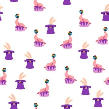 Seamless pattern with CIRCUS theme. lions, magic hat, hare in hat, holiday ba Stock Illustration