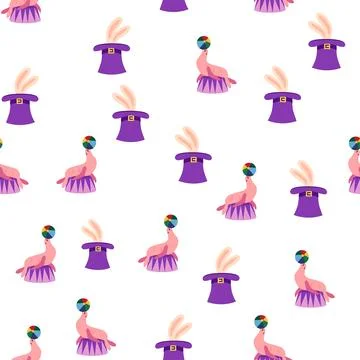 Seamless pattern with CIRCUS theme. lions, magic hat, hare in hat, holiday ba Stock Illustration