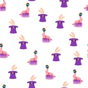 Seamless pattern with CIRCUS theme. lions, magic hat, hare in hat, holiday ba Stock Illustration