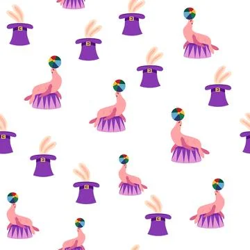 Seamless pattern with CIRCUS theme. lions, magic hat, hare in hat, holiday ba Stock Illustration