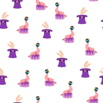 Seamless pattern with CIRCUS theme. lions, magic hat, hare in hat, holiday ba Illustrazione stock
