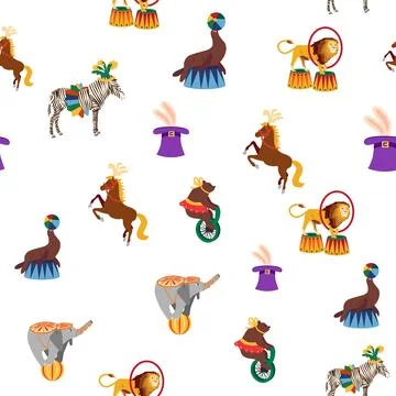 Seamless pattern with CIRCUS theme. lions, magic hat, hare in hat, holiday ba Illustrazione stock