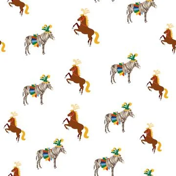 Seamless pattern with CIRCUS theme. lions, magic hat, hare in hat, holiday ba Illustrazione stock