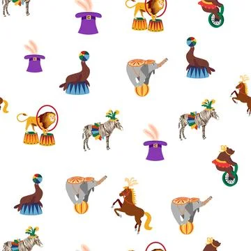 Seamless pattern with CIRCUS theme. lions, magic hat, hare in hat, holiday ba Stock Illustration