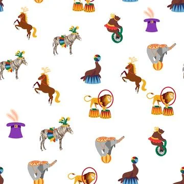 Seamless pattern with CIRCUS theme. lions, magic hat, hare in hat, holiday ba Stock Illustration