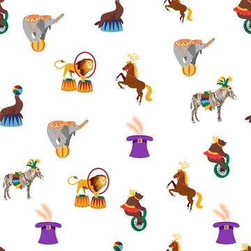 Seamless pattern with CIRCUS theme. lions, magic hat, hare in hat, holiday ba Stock Illustration