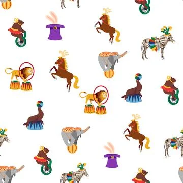 Seamless pattern with CIRCUS theme. lions, magic hat, hare in hat, holiday ba Stock Illustration