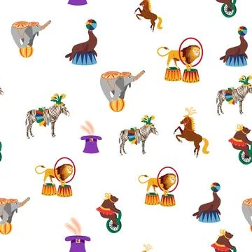 Seamless pattern with CIRCUS theme. lions, magic hat, hare in hat, holiday ba Stock Illustration
