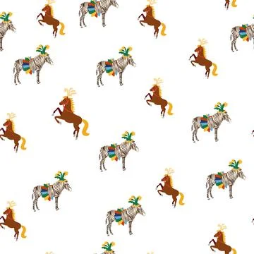 Seamless pattern with CIRCUS theme. lions, magic hat, hare in hat, holiday ba Stock Illustration