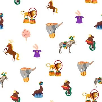 Seamless pattern with CIRCUS theme. lions, magic hat, hare in hat, holiday ba Illustrazione stock