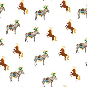 Seamless pattern with CIRCUS theme. lions, magic hat, hare in hat, holiday ba Illustrazione stock