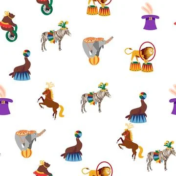 Seamless pattern with CIRCUS theme. lions, magic hat, hare in hat, holiday ba Stock-Illustration