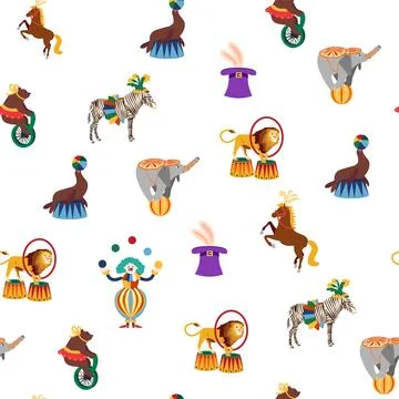 Seamless pattern with CIRCUS theme. lions, magic hat, hare in hat, holiday ba Stock Illustration