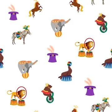 Seamless pattern with CIRCUS theme. lions, magic hat, hare in hat, holiday ba Stock Illustration