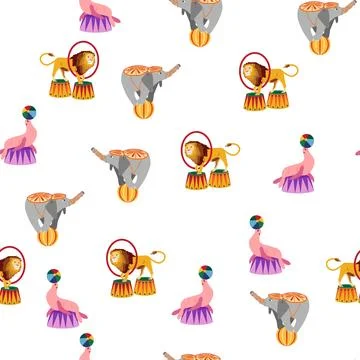 Seamless pattern with CIRCUS theme. lions, magic hat, hare in hat, holiday ba Stockillustratie