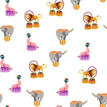 Seamless pattern with CIRCUS theme. lions, magic hat, hare in hat, holiday ba Illustrazione stock
