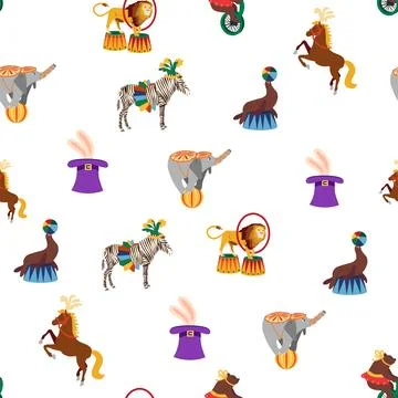 Seamless pattern with CIRCUS theme. lions, magic hat, hare in hat, holiday ba Stockillustratie