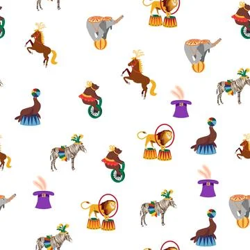 Seamless pattern with CIRCUS theme. lions, magic hat, hare in hat, holiday ba Illustrazione stock