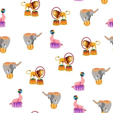 Seamless pattern with CIRCUS theme. lions, magic hat, hare in hat, holiday ba Stockillustratie