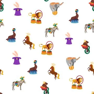 Seamless pattern with CIRCUS theme. lions, magic hat, hare in hat, holiday ba Stockillustratie