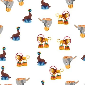 Seamless pattern with CIRCUS theme. lions, magic hat, hare in hat, holiday ba Stock Illustration