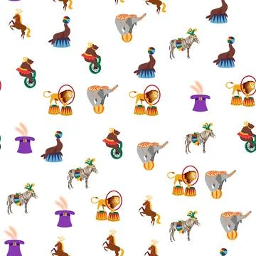 Seamless pattern with CIRCUS theme. lions, magic hat, hare in hat, holiday ba Stock Illustration