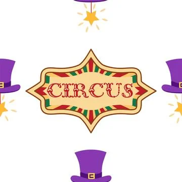 Seamless pattern with CIRCUS theme. magic hat, hare in hat, holiday balloons  Stock Illustration