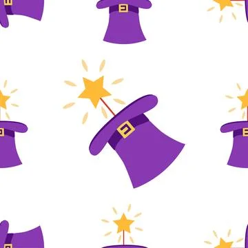 Seamless pattern with CIRCUS theme. magic hat, hare in hat, holiday balloons  Illustrazione stock