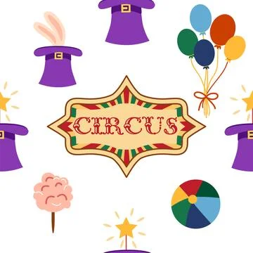 Seamless pattern with CIRCUS theme. magic hat, hare in hat, holiday balloons  Stock Illustration