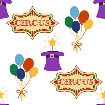 Seamless pattern with CIRCUS theme. magic hat, hare in hat, holiday balloons  Stock Illustration