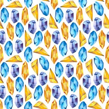 Seamless pattern of citrine, sapphire, tanzanite and topaz watercolor Stock Illustration