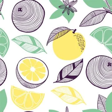 Seamless pattern of citrus. Fruit, leaf, slice, flower of orange, lime, lemon Stock Illustration