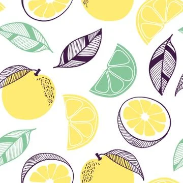 Seamless pattern of citrus. Fruit, leaf, slice, flower of orange, lime, lemon Stock Illustration