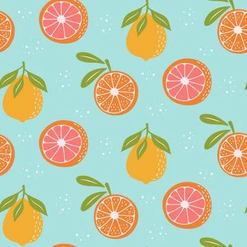Seamless pattern with citrus fruit on pastel blue background. Illustrazione stock