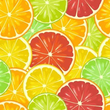 Seamless pattern citrus fruits. Slice lemon, lime, grapefruit, orange. Stock Illustration