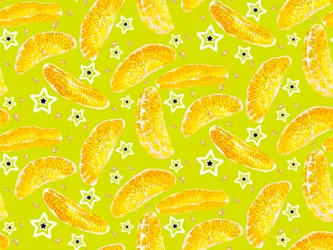 Seamless pattern with citrus orange tree fruit slices, seeds and green stars Stock Illustration