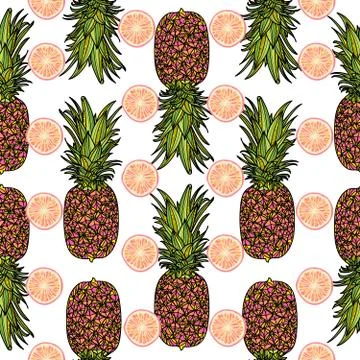 Seamless pattern with citrus slices and pineapples. Stock Illustration