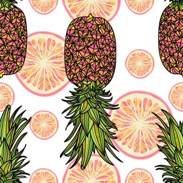 Seamless pattern with citrus slices and pineapples. Illustrazione stock