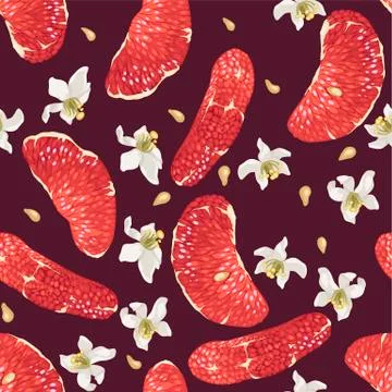 Seamless pattern with citrus slices and flowers in vector Stock Illustration