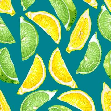 Seamless pattern with citrus slices of lemon and lime tree fruits Stock Illustration