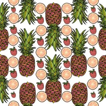 Seamless pattern with citrus slices, strawberries and pineapples. Stock Illustration
