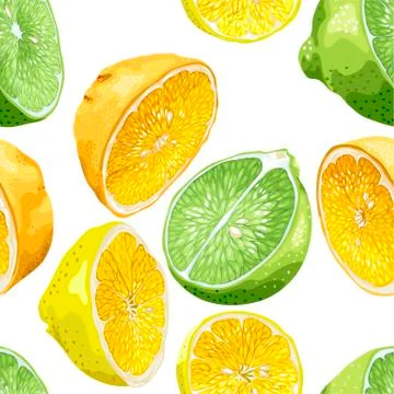 Seamless pattern with citrus tree fruits like orange, lemon and lime with see Stock Illustration